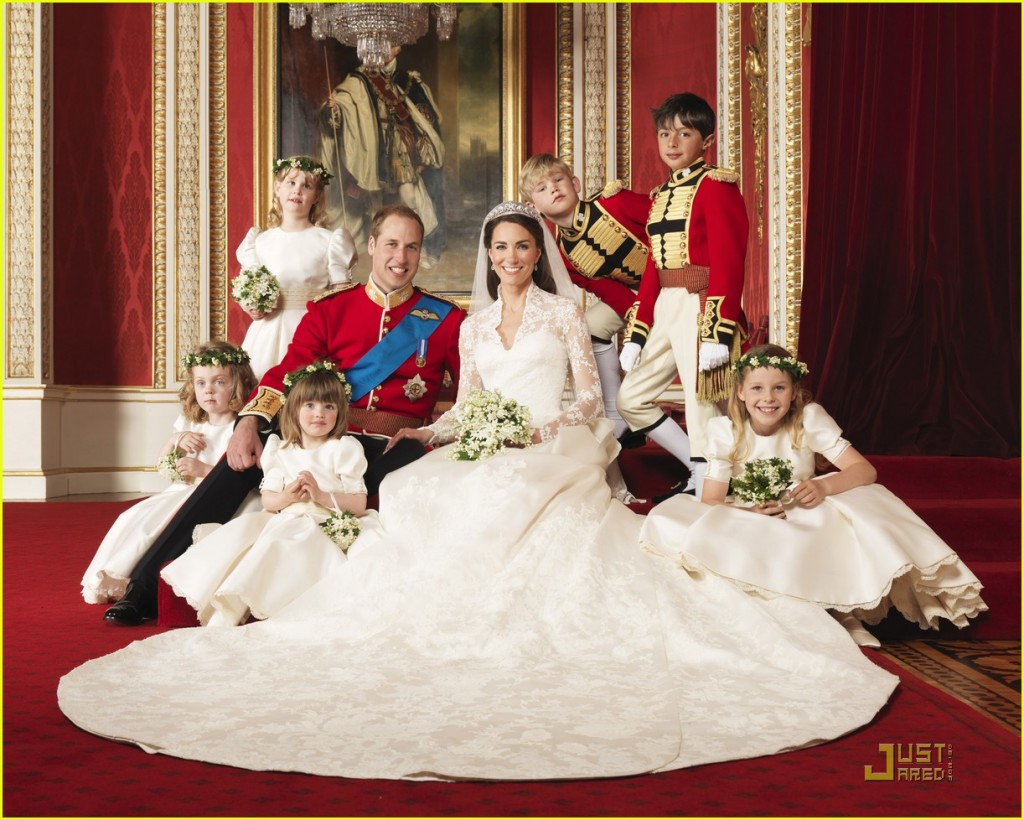 LONDON - APRIL 29: In this handout photo, issued by Clarence House, the bride and groom Prince William, Duke of Cambridge and Catherine, Duchess of Cambridge pose for an official photo with (clockwise from bottom right) The Hon. Margarita Armstrong-Jones, Miss Eliza Lopes, Miss Grace van Cutsem, Lady Louise Windsor, Master Tom Pettifer, Master William Lowther-Pinkerton, in the throne room at Buckingham Palace on April 29, 2011in London, England. The marriage of Prince William and Catherine Middleton was led by the Archbishop of Canterbury and was attended by 1900 guests, including foreign Royal family members and heads of state. Thousands of well-wishers from around the world have also flocked to London to witness the spectacle and pageantry of the Royal Wedding.(Photo by Hugo Burnand/Clarence House - WPA Pool/Getty Images)
